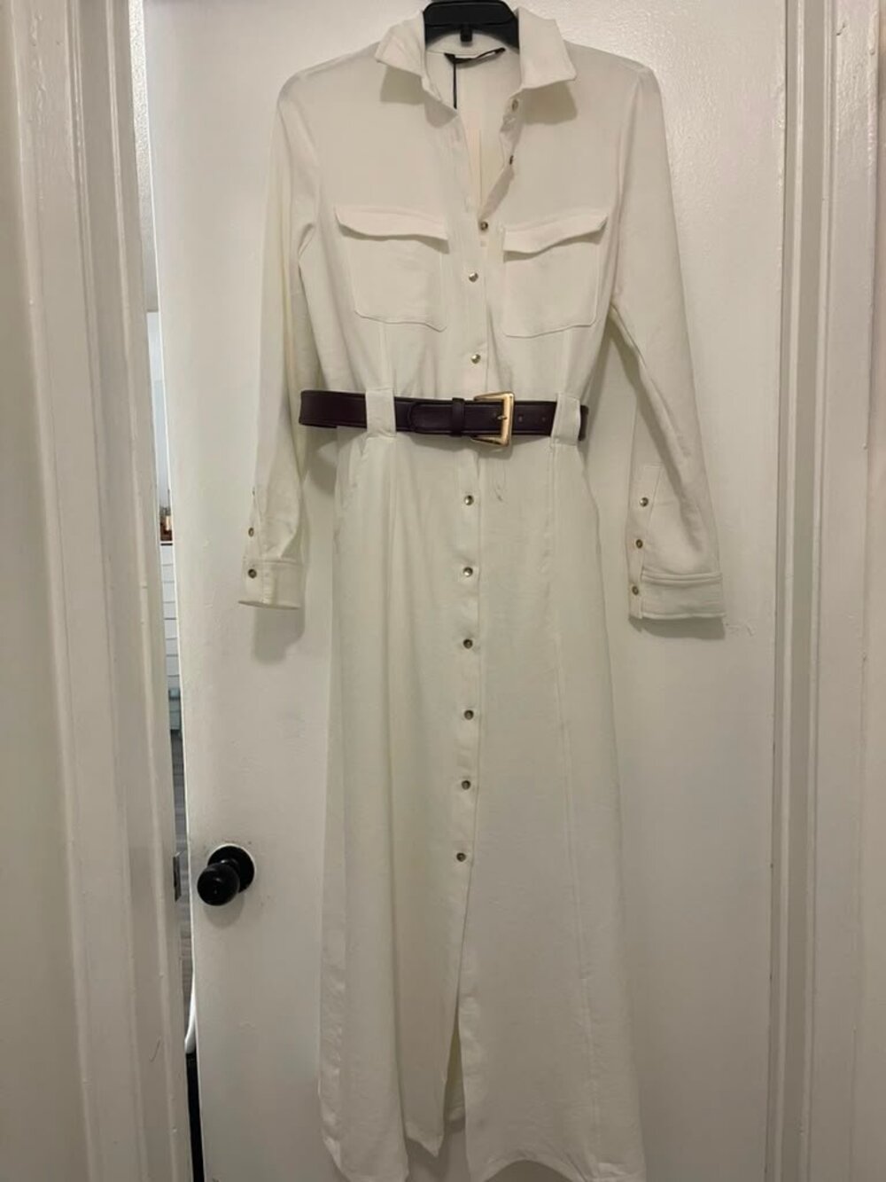 Zara NWT Belted Shirt Midi Dress White Long Sleeve Button Front  2252/542